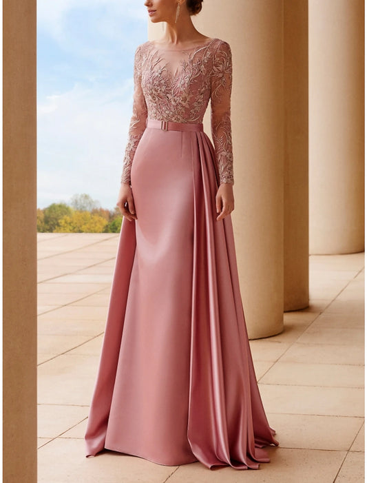 Wholesale A-Line Mother of the Bride Dress Wedding Guest Elegant Scoop Neck Sweep / Brush Train Stretch Satin Long Sleeve with Lace Sash / Ribbon Ruching