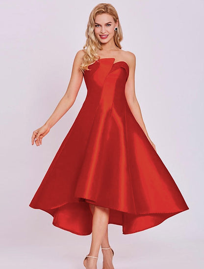 Wholesale A-Line Cocktail Dresses Minimalist Dress Homecoming Wedding Guest Tea Length Sleeveless Strapless Satin with Sleek