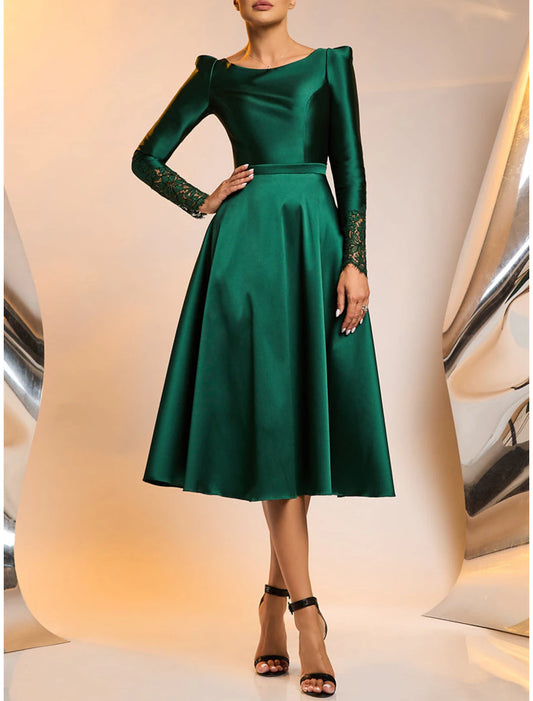 Wholesale A-Line Cocktail Dresses Elegant Dress Wedding Guest Tea Length Long Sleeve Jewel Neck Satin with Appliques