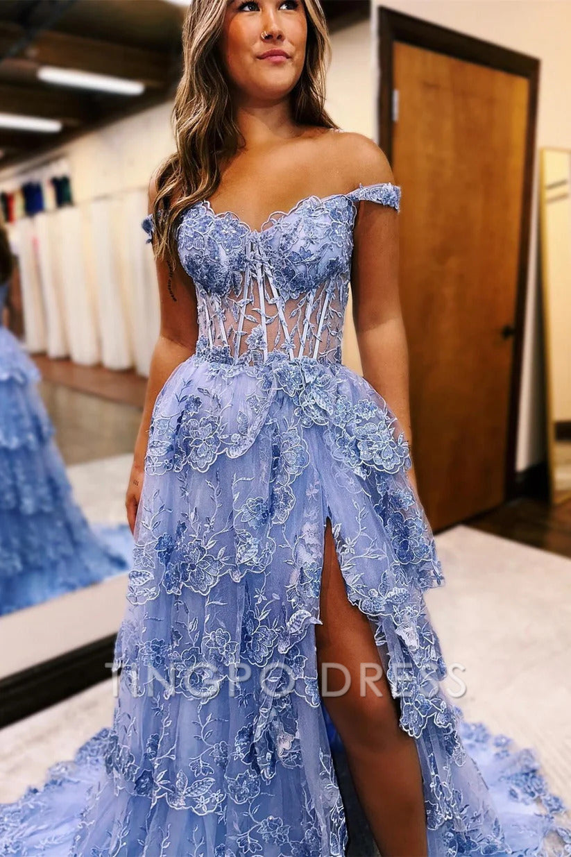 TingPo Wholesale Tulle Appliques Off-the-Shoulder Ruffle Long Prom Dress Sweetheart Tiered Skirt Corset Lace Formal Dresses