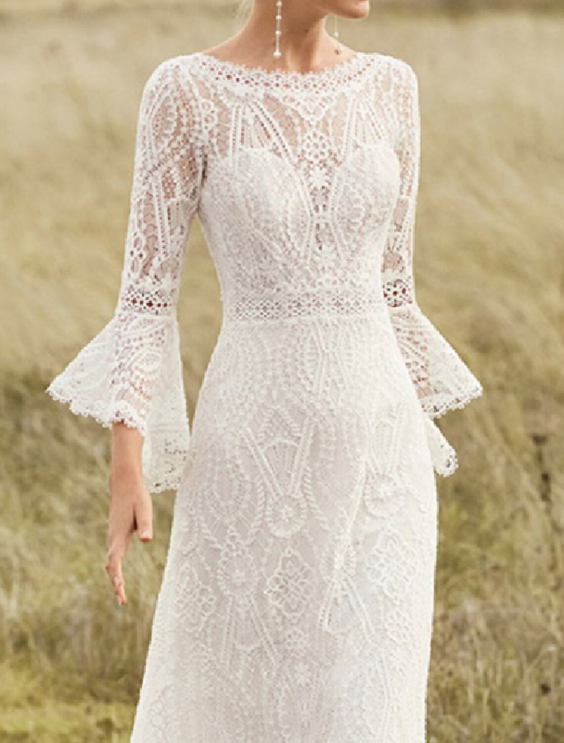 Wholesale  Beach Boho Wedding Dresses A-Line Scoop Neck Long Sleeve Sweep / Brush Train Lace Bridal Gowns With Lace Solid