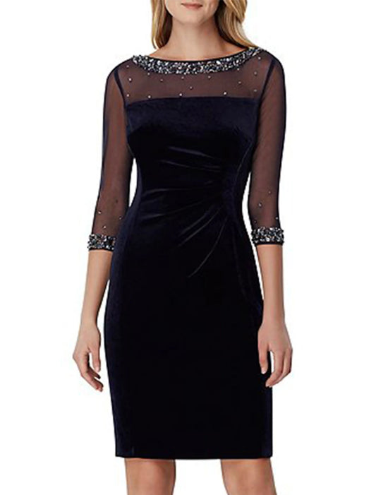 Wholesale Sheath / Column Cocktail Dresses Black Dress Wedding Guest Cocktail Party Knee Length 3/4 Length Sleeve Illusion Neck Fall Wedding Guest Stretch Satin with Crystals Sequin