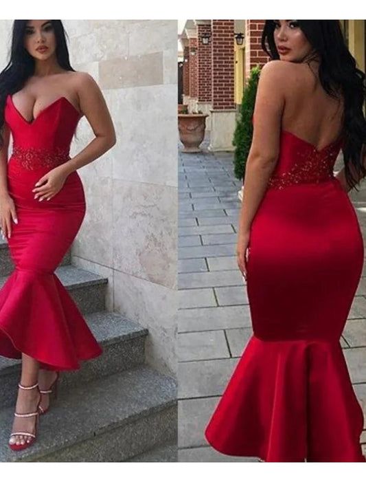 Wholesale Mermaid / Trumpet Party Dresses Backless Dress Homecoming Ankle Length Sleeveless V Neck Italy Satin Backless with Appliques