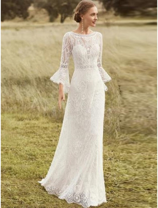 Wholesale  Beach Boho Wedding Dresses A-Line Scoop Neck Long Sleeve Sweep / Brush Train Lace Bridal Gowns With Lace Solid