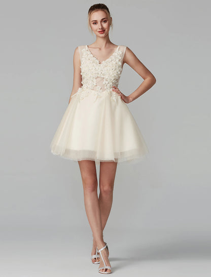 Wholesale A-Line Party Dress Homecoming Graduation Short / Mini Sleeveless V Neck Lace Over Tulle with Crystals Appliques