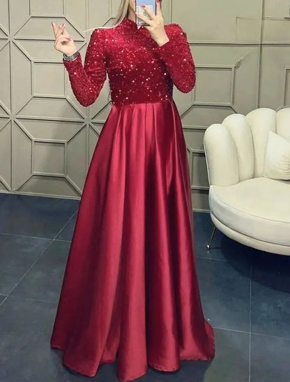 Wholesale A-Line Evening Gown Sparkle Christmas Red Green Dress Wedding Guest Fall Floor Length Long Sleeve High Neck Satin with Sequin