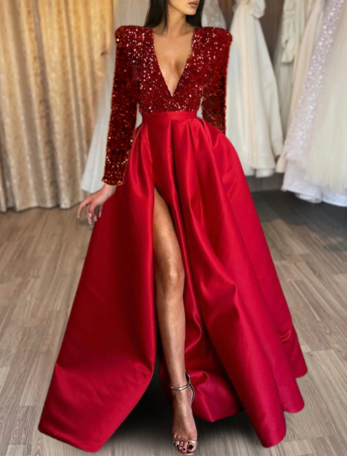 Wholesale A-Line Evening Gown Christmas Red Green Dress Formal Black Dress Plus Size Wedding Court Train Half Sleeve V Neck Satin with Sequin Slit