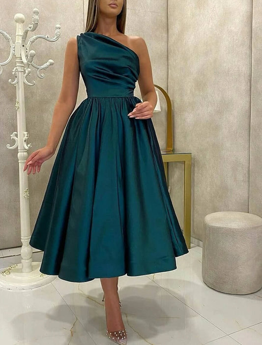 Wholesale A-Line Cocktail Dresses High Split Dress Prom Birthday Tea Length Sleeveless One Shoulder Fall Wedding Guest Satin with Slit Pure Color