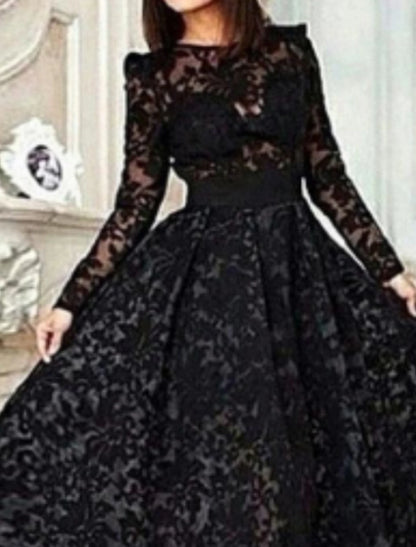 Wholesale A-Line Prom Black Dress Vintage Dress Halloween Masquerade Asymmetrical Long Sleeve Jewel Neck Wednesday Addams Family Lace with Pleats