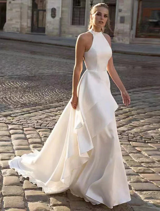 Wholesale Reception Open Back Casual Wedding Dresses A-Line Halter Sleeveless Court Train Satin Bridal Gowns