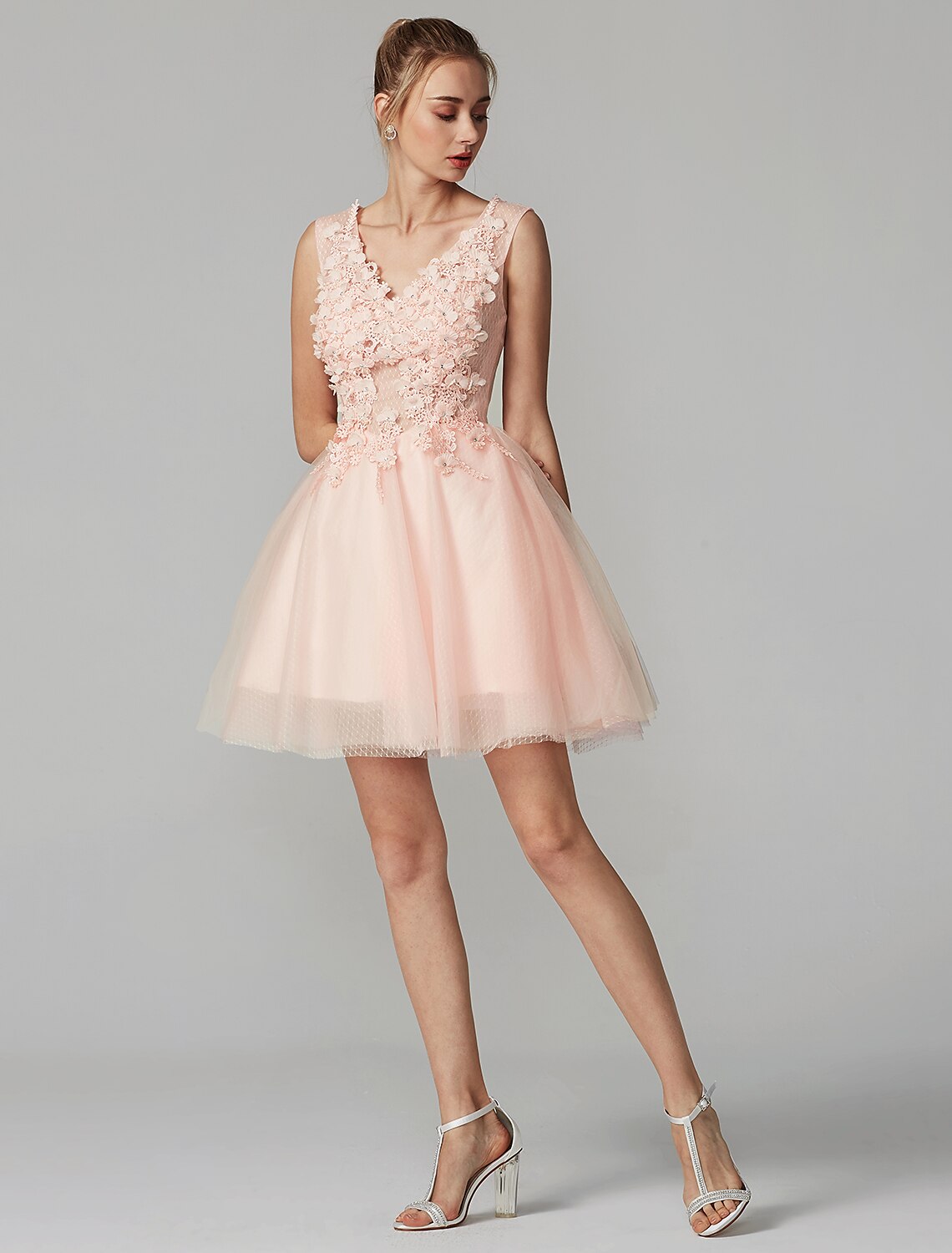 Wholesale A-Line Party Dress Homecoming Graduation Short / Mini Sleeveless V Neck Lace Over Tulle with Crystals Appliques