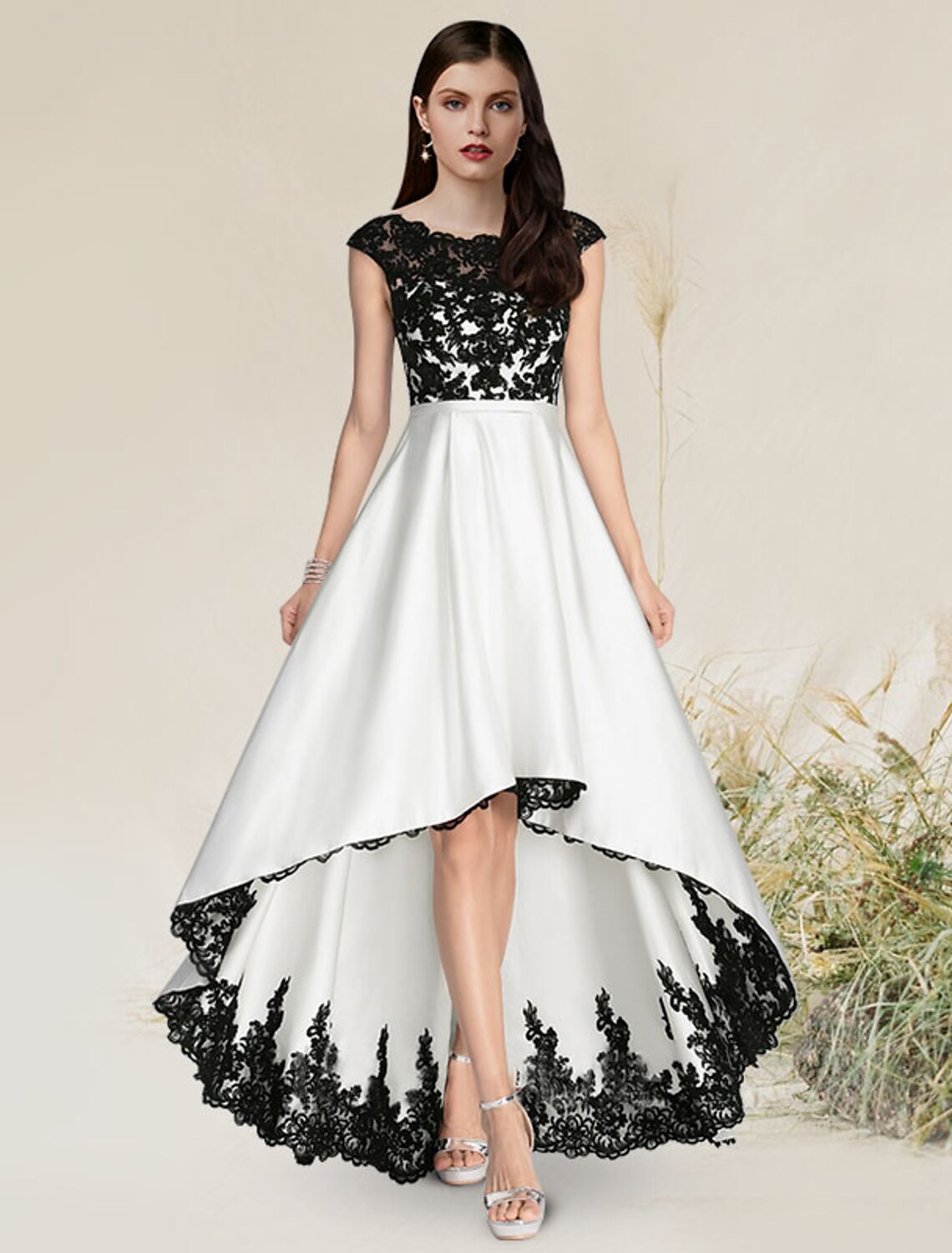 Wholesale A-Line Elegant Engagement Formal Evening Dress Jewel Neck Sleeveless Asymmetrical Satin with Appliques