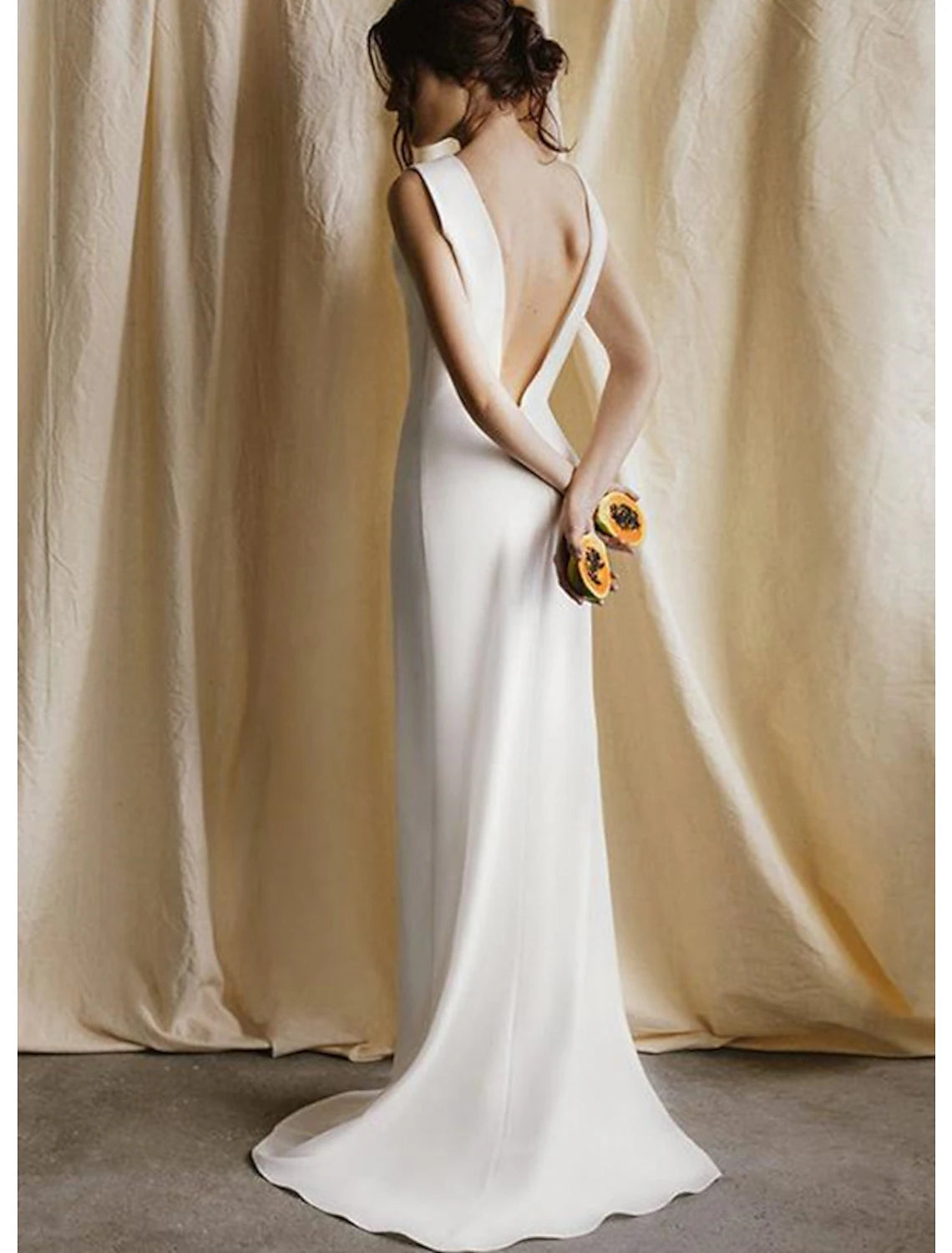 Wholesale Reception Open Back Casual Wedding Dresses Sheath / Column Scoop Neck Sleeveless Sweep / Brush Train Satin Bridal Gowns