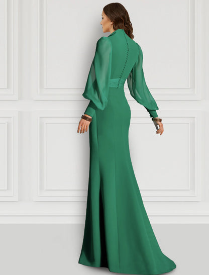 Wholesale Mermaid Red Green Dress Evening Gown Elegant Dress With Bow Formal Wedding Guest Sweep / Brush Train Long Sleeve V Neck Fall Wedding Guest Chiffon with Slit Strappy