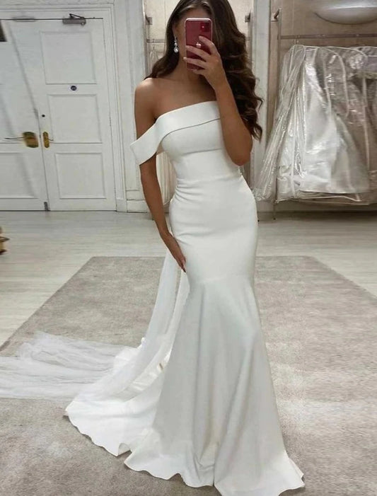 Wholesale  Reception Sexy Wedding Dresses Mermaid / Trumpet Off Shoulder Cap Sleeve Sweep / Brush Train Stretch Fabric Bridal Gowns With Solid