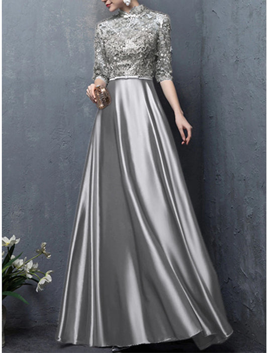 Wholesale A-Line Mother of the Bride Dress Wedding Guest Vintage Elegant High Neck Floor Length Satin Half Sleeve with Bow(s) Appliques Fall