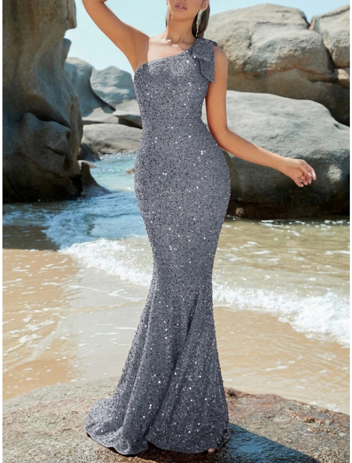 Wholesale Mermaid / Trumpet Evening Gown Sparkle & Shine Dress Formal Fall Sweep / Brush Train Sleeveless One Shoulder Sequined with Glitter Shouder Flower