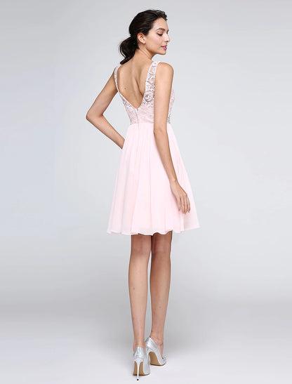 Wholesale A-Line Special Occasion Dresses Party Dress Homecoming Short / Mini Sleeveless Illusion Neck Pink Dress Chiffon V Back Low Back with Crystals