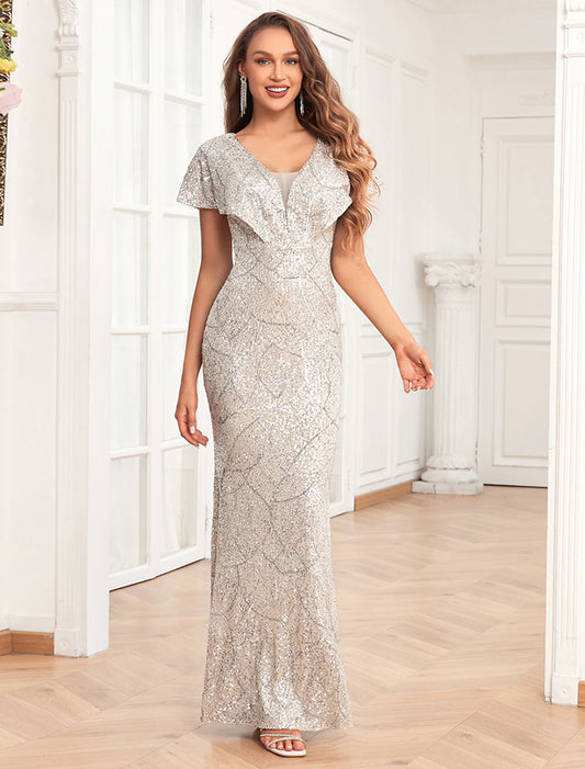 Wholesale Mermaid / Trumpet Evening Gown Elegant Dress Evening Party Prom Floor Length Short Sleeve V Neck Fall Wedding Reception Sequined V Back with Sequin