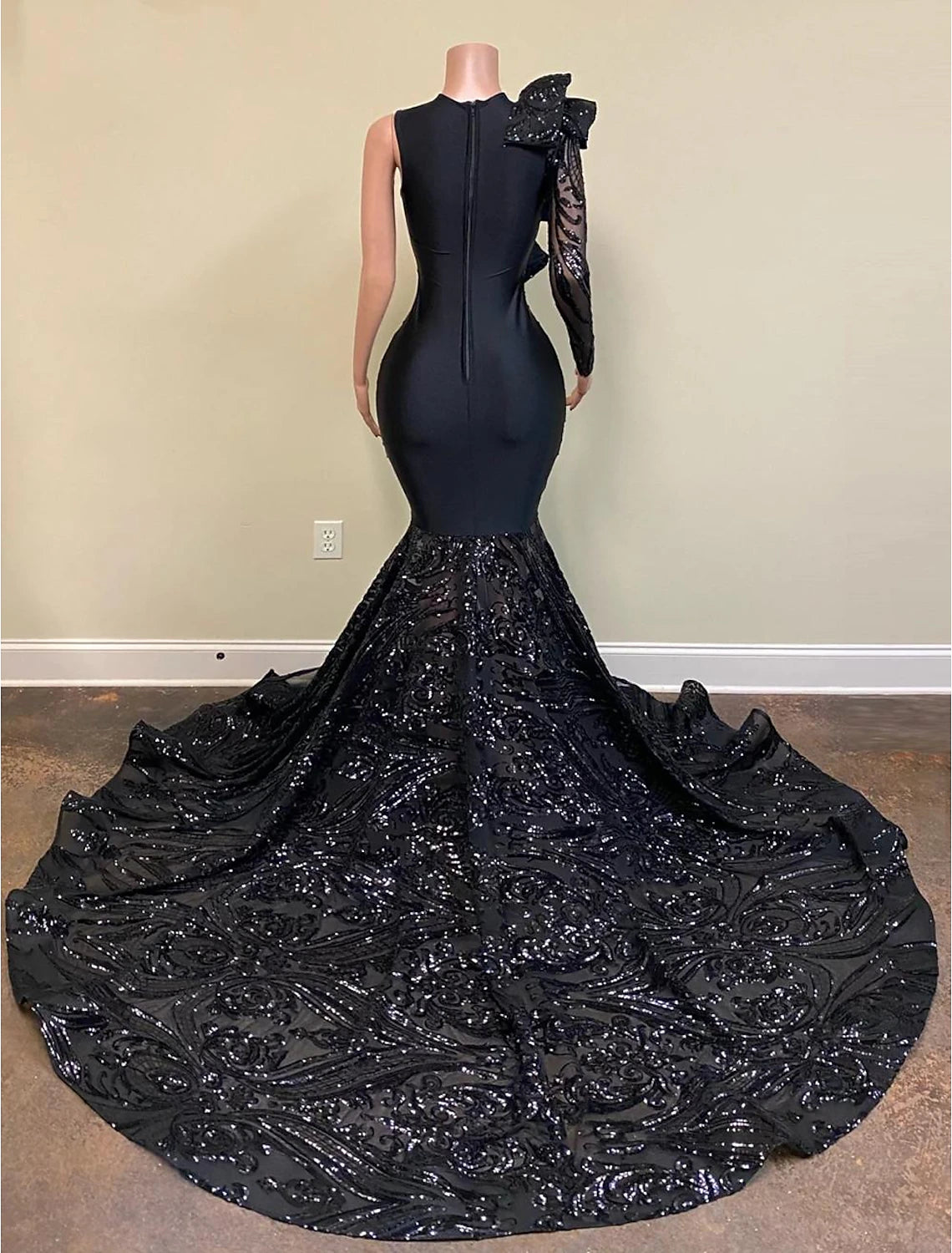 Wholesale Mermaid / Trumpet Evening Gown Floral Dress Carnival Formal Chapel Train Long Sleeve One Shoulder African American Sequined with Sequin