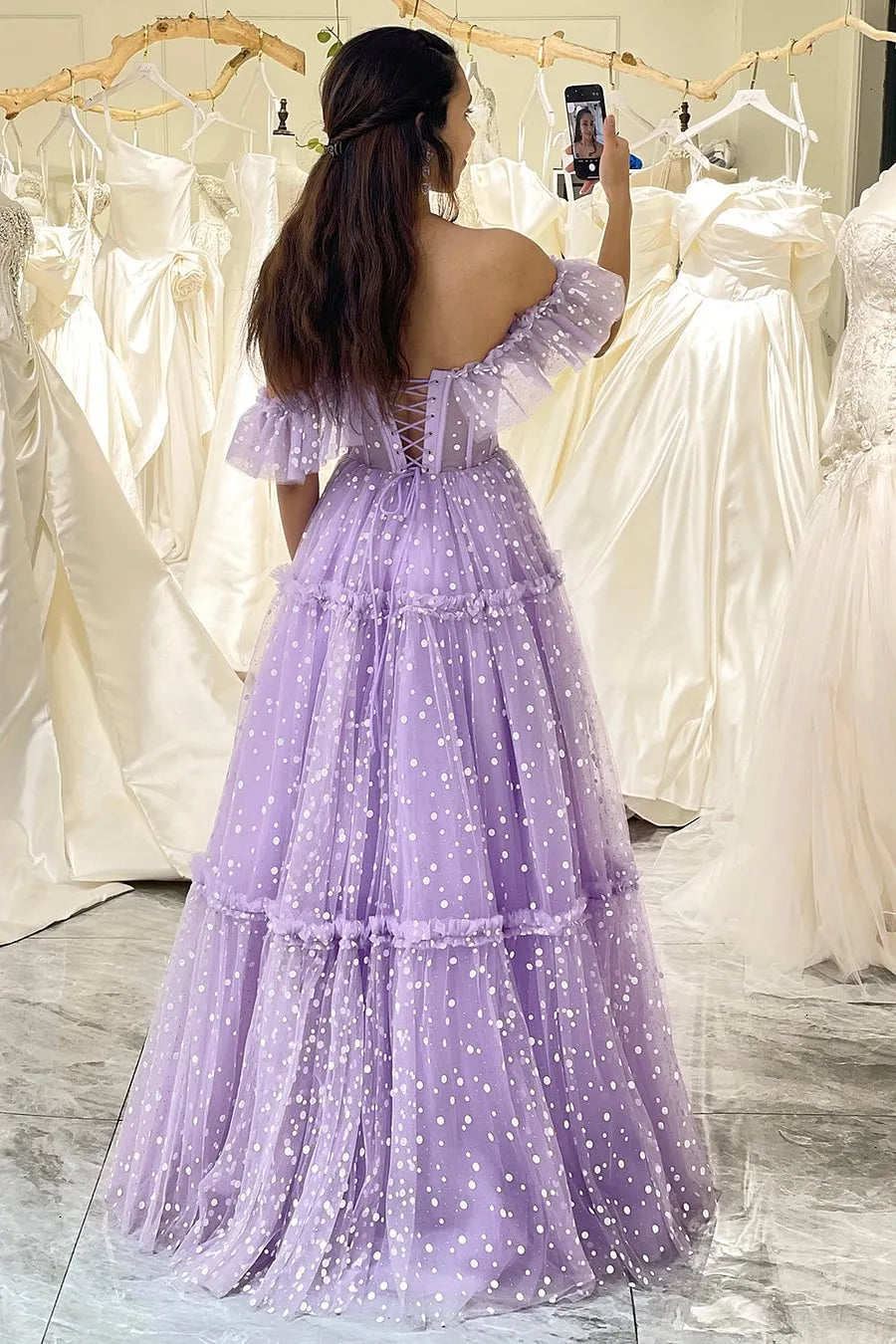 Wholesale Lilac Polka Dot Tulle A Line Off the Shoulder Lace Up Long Prom Dress prom dresses shops