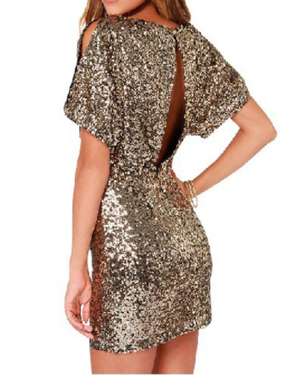 Wholesale Women's Gold Sequin Dress Gold Dress Party Dress Sparkly Dress Homecoming Dress Mini Dress Silver Black Short Sleeve Summer Spring Crew Neck Fashion Summer Dress Spring Dress