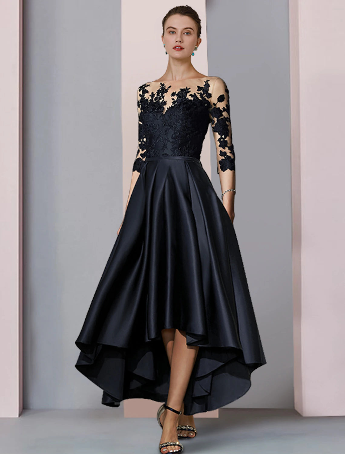 Wholesale  A-Line Mother of the Bride Dress Fall Wedding Guest Elegant High Low Scoop Neck Asymmetrical Tea Length Satin Lace 3/4 Length Sleeve with Pleats Appliques