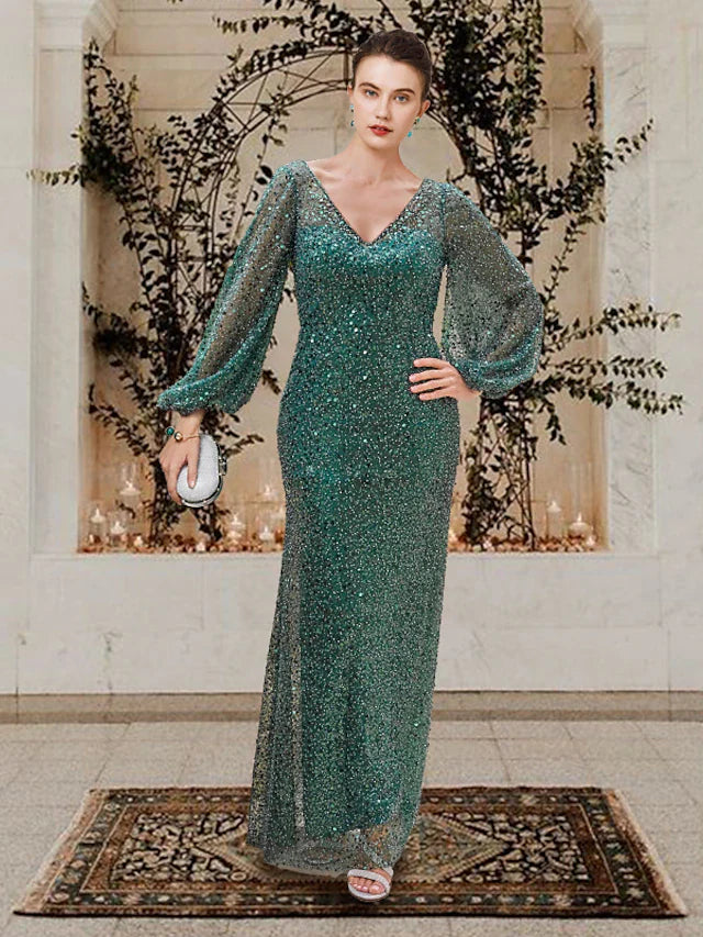 Wholesale Sheath / Column Mother of the Bride Dress Elegant Sparkle & Shine V Neck Floor Length Lace Sequined Long Sleeve with Beading Sequin