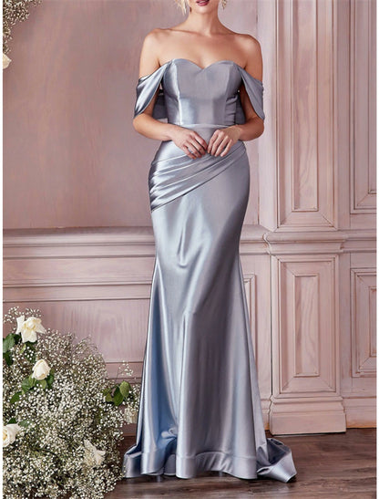 Wholesale Mermaid / Trumpet Bridesmaid Dress Off Shoulder Sleeveless Blue Court Train Satin with Ruching / Solid Color