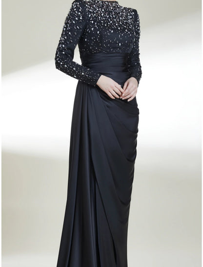 Wholesale Sheath / Column Mother of the Bride Dress Wedding Guest Elegant High Neck Sweep / Brush Train Stretch Satin Long Sleeve with Crystals Ruching Solid Color