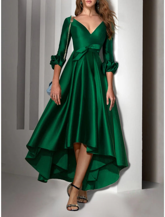 Wholesale A-Line Cocktail Dresses Elegant Dress Wedding Guest Birthday Asymmetrical 3/4 Length Sleeve V Neck Satin with Bow(s) Pleats