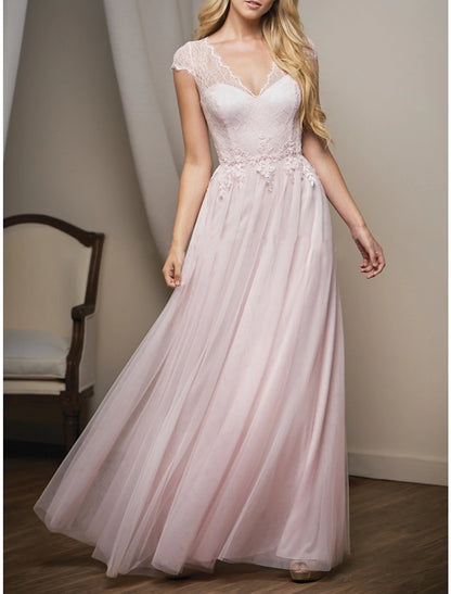 Wholesale A-Line Bridesmaid Dress V Neck Short Sleeve Elegant Floor Length Tulle with Lace / Ruching