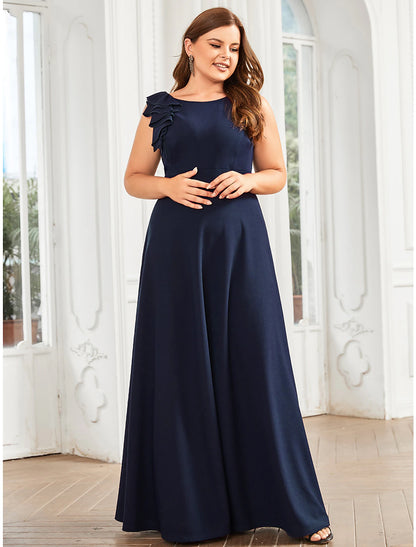 Wholesale  A-Line Evening Gown Plus Size Dress Formal Wedding Guest Floor Length Sleeveless Jewel Neck Bridesmaid Dress Polyester with Draping Appliques