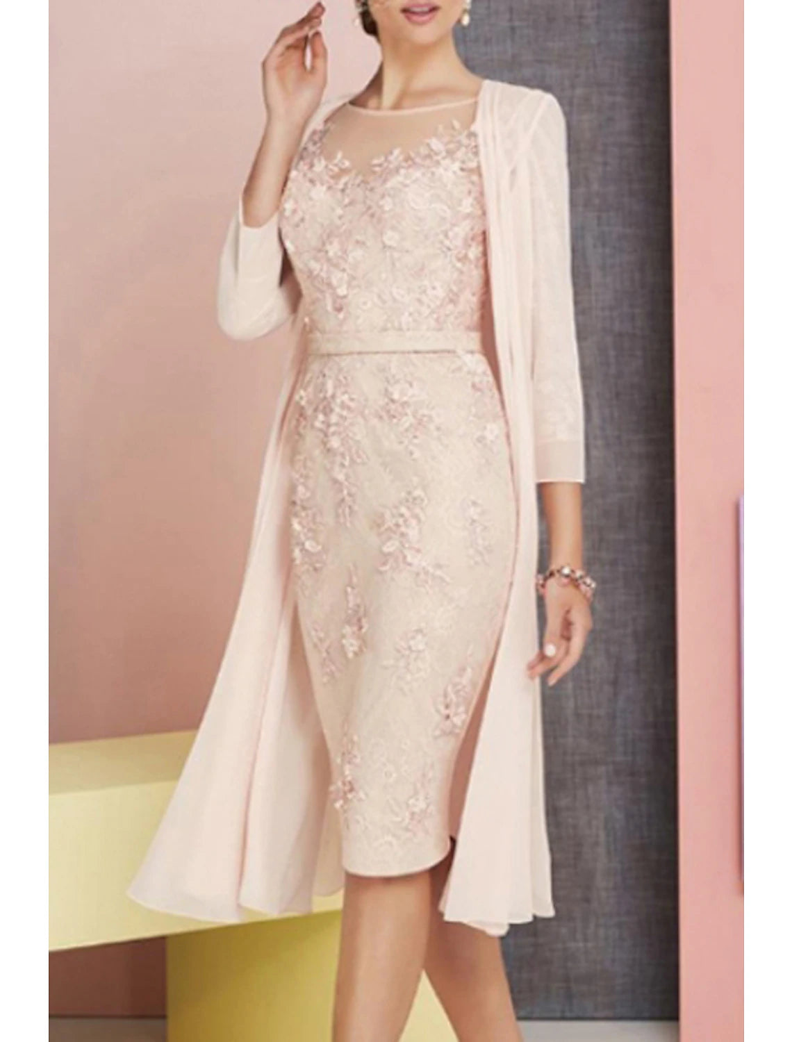 Wholesale Two Piece Sheath / Column Mother of the Bride Dress Fall Wedding Guest Church Plus Size Vintage Elegant Bateau Neck Knee Length Chiffon Lace 3/4 Length Sleeve Jacket Dresses with Appliques