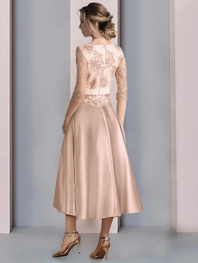 Wholesale A-Line Mother of the Bride Dress Formal Wedding Guest Vintage Party Elegant Scoop Neck Tea Length Satin Lace Half Sleeve with Appliques Flower