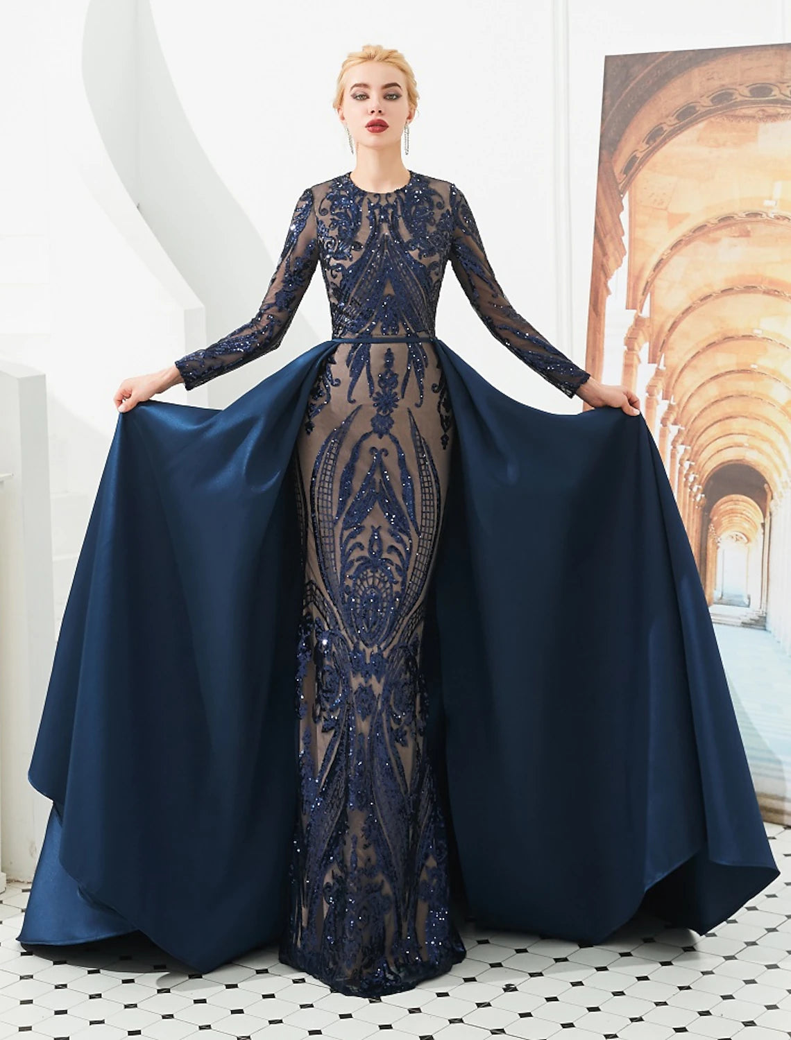 Wholesale Mermaid / Trumpet Evening Gown Luxurious Dress Carnival Wedding Guest Court Train Long Sleeve Jewel Neck Detachable Satin with Sequin Overskirt Pattern / Print