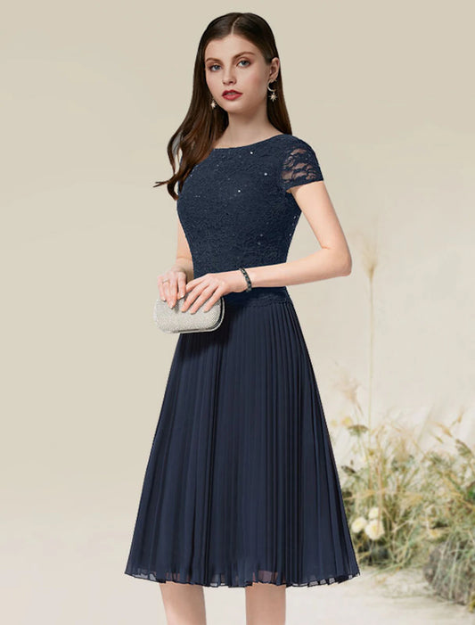 Wholesale A-Line Cocktail Dresses Flirty Dress Homecoming Wedding Guest Tea Length Short Sleeve Jewel Neck Chiffon with Pleats