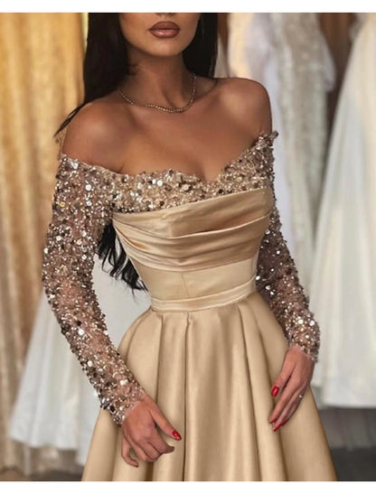 Wholesale Ball Gown Party Dress Evening Gown Party Dress Hot Dress Engagement Wedding Reception Sweep / Brush Train 3/4 Length Sleeve Off Shoulder Satin with Sequin