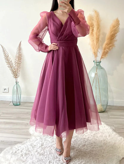 Wholesale A-Line Cocktail Dresses Minimalist Dress Christmas Tea Length Long Sleeve V Neck Organza with Buttons