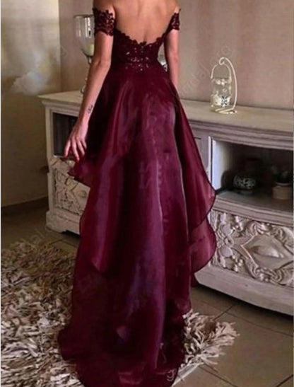 Wholesale A-Line Cocktail Dresses Beautiful Back Dress Wedding Guest Homecoming Asymmetrical Sleeveless Off Shoulder Polyester with Ruffles Appliques