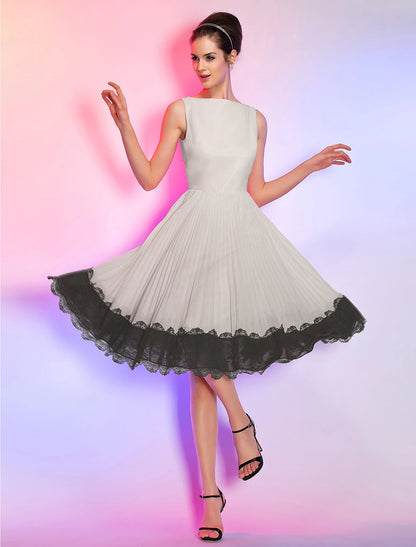 Wholesale A-Line Cute Dress Homecoming Knee Length Sleeveless Boat Neck Pink Dress Chiffon with Lace