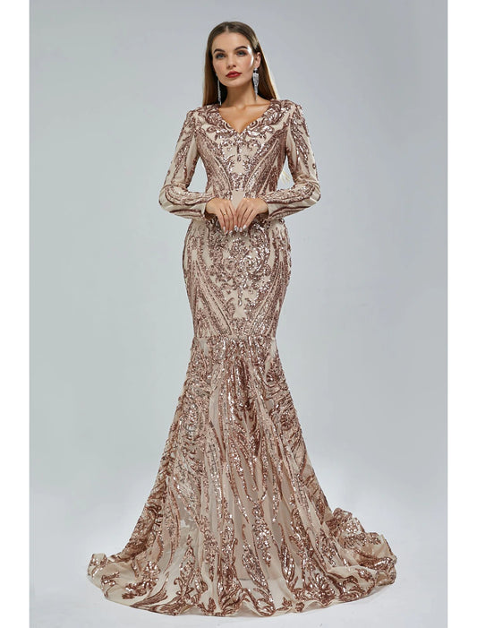 Wholesale Mermaid / Trumpet Evening Gown Sparkle & Shine Dress Carnival Formal Court Train Long Sleeve V Neck African American Lace with Sequin