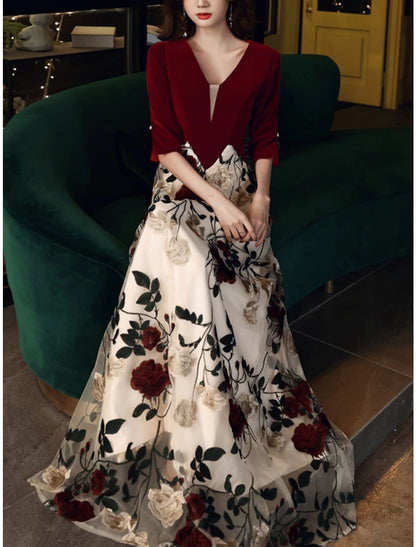 Wholesale Sheath / Column Mother of the Bride Dress Vintage Elegant Petite V Neck Floor Length Tulle Velvet 3/4 Length Sleeve with Pleats Embroidery