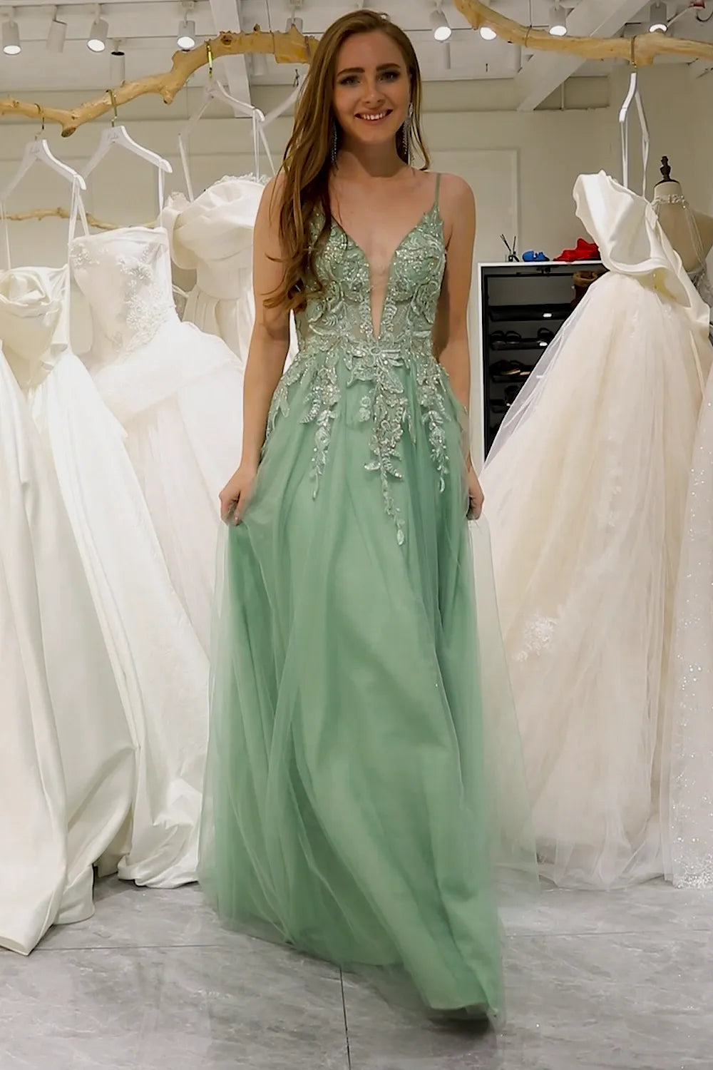 Wholesale Green A-Line Tulle Backless Long Prom Dress With Glitter Appliques prom dresses shops