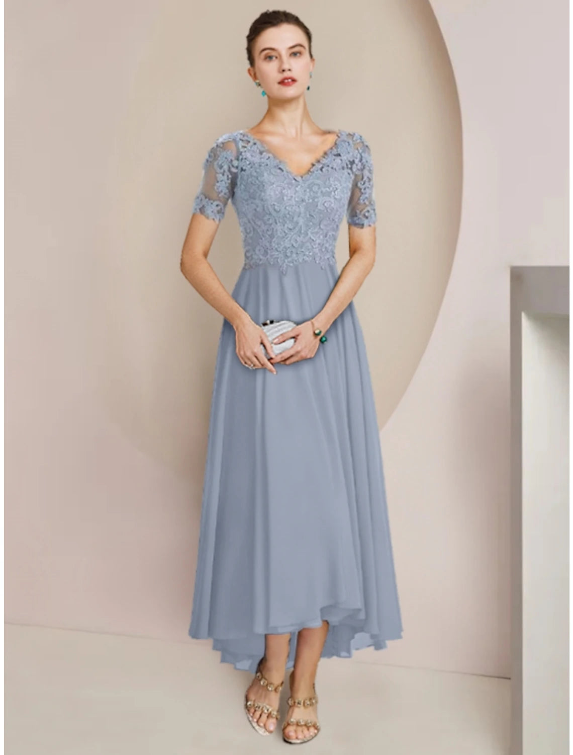 Wholesale  Sheath / Column Mother of the Bride Dress Wedding Guest Vintage Elegant V Neck Asymmetrical Ankle Length Chiffon Lace Half Sleeve with Pleats