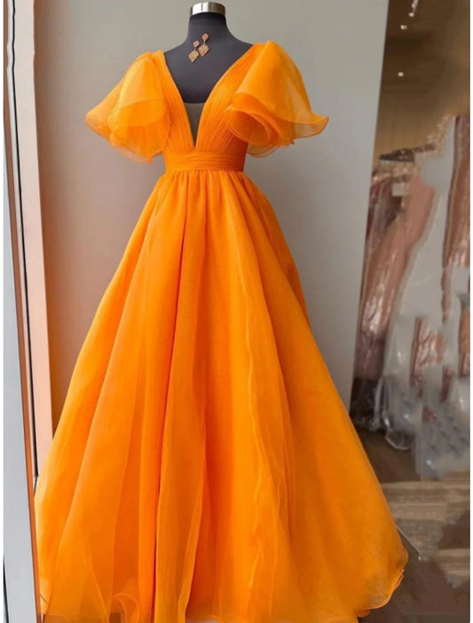 Wholesale Ball Gown Evening Gown Celebrity Style Dress Wedding Party Floor Length Short Sleeve V Neck Fall Wedding Guest Organza with Pleats Ruffles