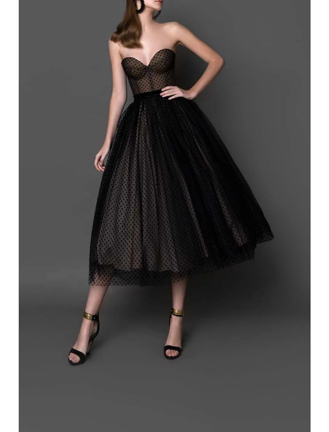 Wholesale Ball Gown Cocktail Black Dress Vintage Dress Homecoming Cocktail Party Tea Length Sleeveless Strapless Wednesday Addams Family Tulle with Polka Dot