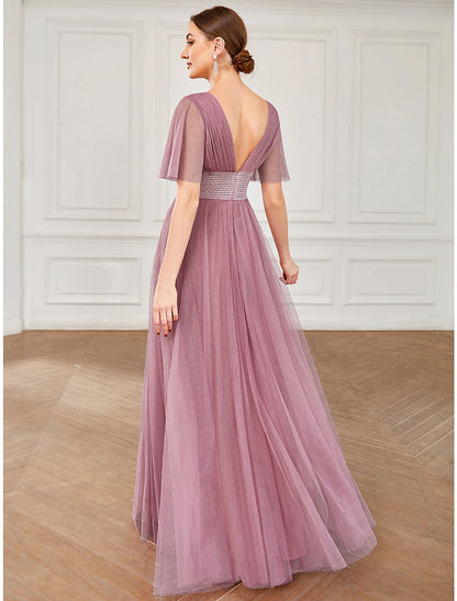 Wholesale  A-Line Bridesmaid Dress V Neck Short Sleeve Plus Size Floor Length Tulle with Ruffles / Draping/Butterfly Sleeve