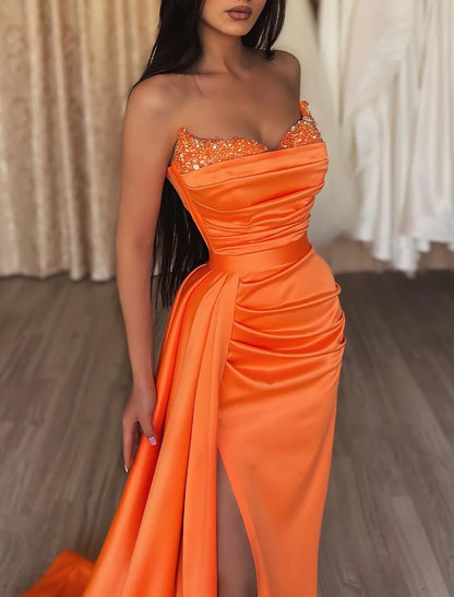 Wholesale Mermaid / Trumpet Evening Gown Sexy Dress Cocktail Party Court Train Sleeveless Strapless Bridesmaid Dress Satin with Beading Sequin