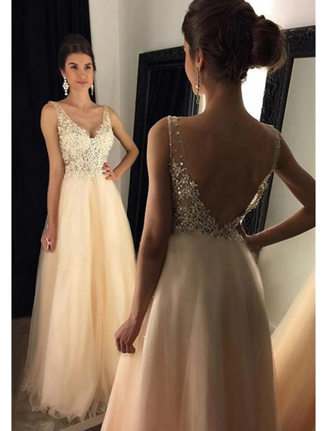 Wholesale A-Line Prom Dresses Sparkle & Shine Dress Formal Prom Floor Length Sleeveless V Neck Tulle V Back with Beading Appliques